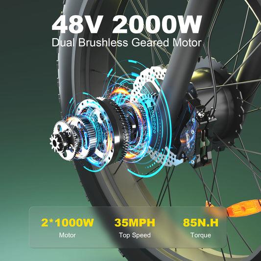 Electric bike motor with specifications on a green background