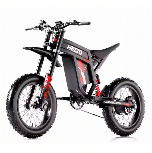 Black electric bike with red accents on a white background