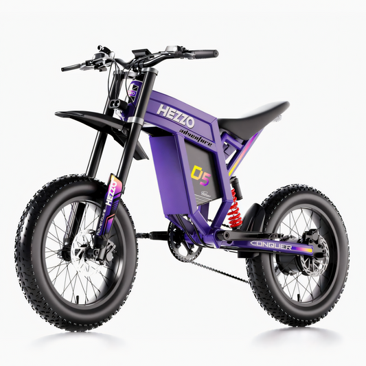 Purple electric bike with visible branding on a white background