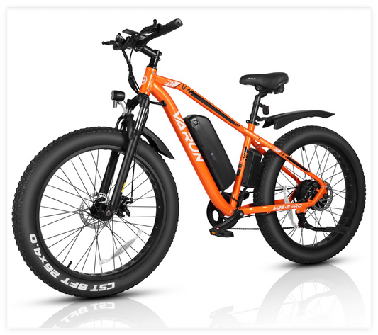 Orange electric bike with black frame and tires on a white background